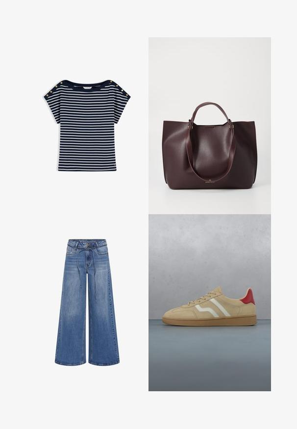 Meresinine ja valge triibuline lühikeste varrukatega topp kuldsete nööpidega õlgadel ja väikse logoga ääre lähedal.; My Essential Wardrobe MWKARO 144 MID XWIDE - Wide leg - medium blue wash; Beežitud seemisnahast toss punase kontsaga, valgete triipude ja struktureeritud beeži kummist tallaga. Omab paelu ja siledat sisepinda.; Burgundýa nahast kott, millel on sile tekstuur, kaks tugevat käepidet ja minimalistlik disain. Omab peent kuldset riistvara detaili.