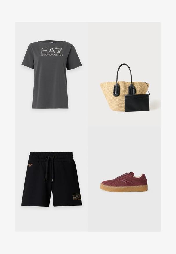 T-shirt gris à manches courtes en coton. Il présente un logo blanc avec "EA7" et "EMPORIO ARMANI" dans un design graphique élégant.; Shorts en coton noir avec ceinture élastique et cordon de serrage. Présentent un logo doré et des ornements sur le devant. Deux poches latérales.; Baskets en daim bourgogne avec une finition texturée, dotées d'une semelle en caoutchouc gum, d'un bout arrondi et de détails de lacets contrastants.; Sac fourre-tout tissé beige avec des poignées en cuir noir et une pochette noire en cuir amovible attachée à l'avant.