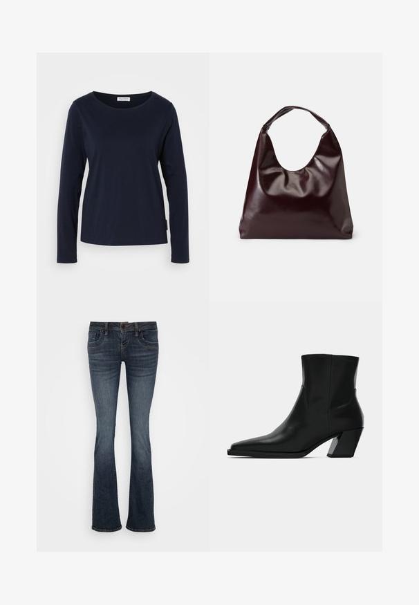 Marineblaues Langarm-T-Shirt aus weicher Baumwolle, mit Rundhalsausschnitt und geradem Saum sowie minimaler Detailgestaltung.; Dunkelblaue ausgestellte Jeans mit mittelhohem Bund, fünf Taschen und subtilen Stichakzenten. Hergestellt aus Denim mit glatter Textur.; Schwarze Leder-Stiefelette mit spitzem Zeh, schlanker Silhouette und klobigem quadratischem Absatz. Glatte Textur mit minimalen Nähdetails.; Burgunderfarbene, glänzende tote Bag aus veganem Leder mit einer weichen, skulpturalen Form und einem breiten, geschwungenen Henkel für einfaches Tragen.