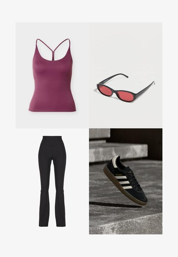 Ærmeløs lilla tanktop med tynde stropper og et Y-formet rygdetalje, lavet af glat, strækbart stof.; Sorte flared leggings lavet af strækbart stof, med en høj talje og glat tekstur, designet til komfort og bevægelighed.; Sort Adidas-sneaker med hvide striber og gummisåler, svævende over grå betontrapper i naturligt lys.; Sorte ovale solbriller med tynde arme og rødtonede linser, der ligger på en hvid overflade.