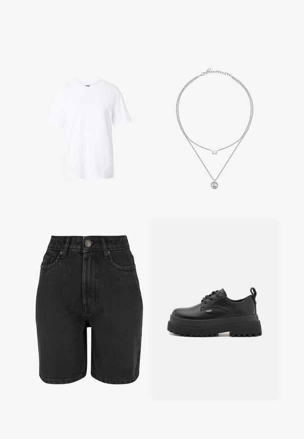 Schlichtes weißes T-Shirt mit kurzen Ärmeln, Rundhalsausschnitt, lockerer Passform und kleinem Etikett innen im Kragen.; Schwarze Denim-Shorts mit hoher Taille, Fünf-Taschen-Design und Metallknopfverschluss. Der Stoff hat eine glatte Textur mit dezentem Verblassen.; Buffalo PLUTO LACE UP - Schnürer - black; Doppellagige Silberkette mit einem rechteckigen Kristall in der oberen Lage und einem runden Kristallanhänger in der unteren Lage.