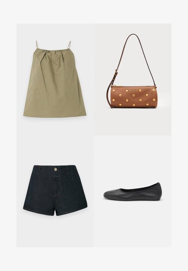 Robe sans manches de couleur kaki avec fines bretelles spaghetti et encolure plissée, posée à plat sur un fond clair.; Shorts en denim foncé taille haute, fermeture à boutons sur le devant, avec surpiqûres orange contrastantes. Poches standard à l'avant et à l'arrière.; Ballerines en cuir noir avec un bout rond, texture lisse, détails de couture minimalistes et design de semelle flexible.; Sac à main cylindrique en cuir marron avec clous dorés, bandoulière réglable et logo Michael Kors doré sur le devant.