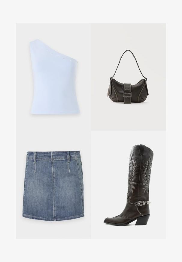 Haut bleu clair à une épaule, fabriqué en tissu doux, avec des embellissements en étoiles argentées le long de l'encolure et une silhouette ajustée.; Jupe en denim mini de couleur bleu clair avec une coupe classique. Dispose de poches avant et de passants de ceinture, avec un ourlet droit et un léger délavage.; Botte de cowboy en cuir noir avec découpes décoratives, boucle argentée et talon incliné, présentée sur fond blanc.; Sac à épaule en cuir noir avec une sangle à boucle, des bords arrondis et des coutures blanches contrastées sur un fond uni.