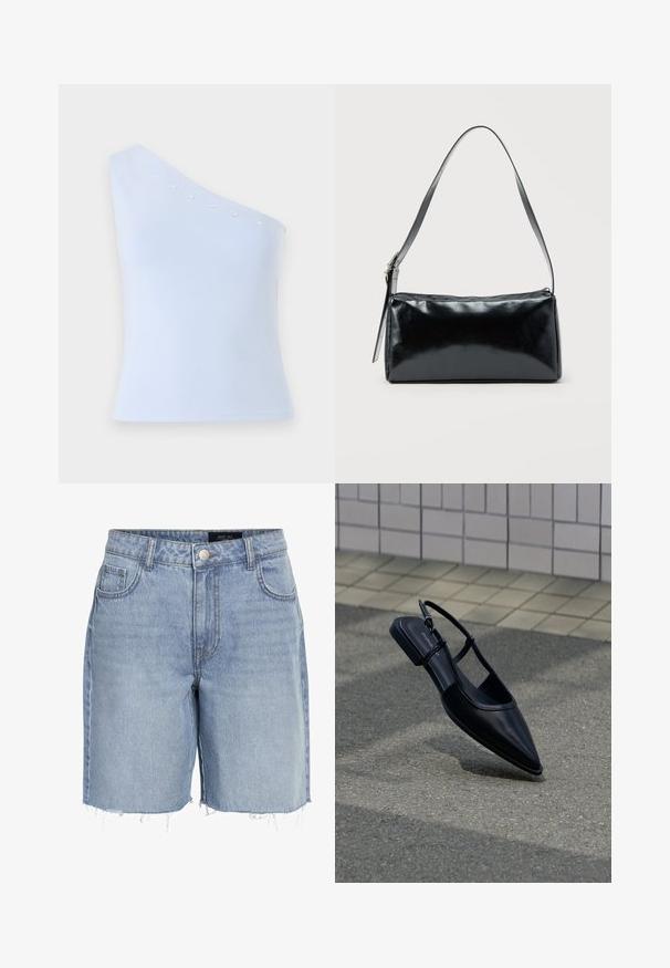 Svetlomodrý top na jedno plece vyrobený z mäkkého materiálu, s ozdobami v tvare strieborných hviezd pozdĺž výstrihu a priliehavým strihom.; Svetlomodré denimové šortky s vysokým pásom, piatimi vreckami, strihaným okrajom a klasickým zapínaním na gombík. Vyrobené z mäkkej, textúrovanej tkaniny.; Čierna plochá obuv so špičkou na päte s otvorenou pätou, ktorá sa vznáša nad asfaltovým povrchom vedľa dlažobného chodníka.; Čierna obdĺžniková kabelka na rameno s jedným nastaviteľným remienkom a horným zipsom na jednofarebnom pozadí.