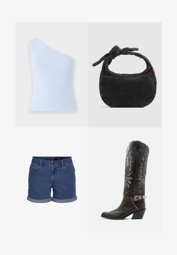 Lichtblauw, one-shoulder top gemaakt van zachte stof, met zilveren sterversieringen langs de halslijn en een getailleerde silhouet.; Denim shorts in donkerblauw met een klassieke snit. Beschikt over opgerolde zomen, twee voorzakken en een knoopsluiting. Glad textuur.; Zwarte leren cowboylaars met decoratieve uitsnijdingen, zilveren gesp en schuine hak, weergegeven op een witte achtergrond.; Kleine zwarte denim schoudertas met een gestrikte riem en ritssluiting, met een rood Levi's stoffen label aan de zijkant.
