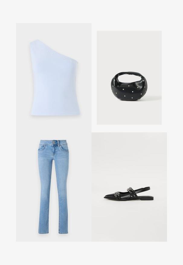 Svetlomodrý top na jedno plece vyrobený z mäkkého materiálu, s ozdobami v tvare strieborných hviezd pozdĺž výstrihu a priliehavým strihom.; Svetlomodré denim džíny so Slim fit strihom, s gombíkovým zapínaním, prednými vreckami a mierne vyblednutou textúrou. Rovný strih nohavíc.; Even&Odd by Zalando Balerínky na šnúrky - black; Čierna kožená kabelka s zaobleným tvarom, zdobená striebornými cvočkami a krátkym rúčkou. Hladká textúra a zapínanie na zips.