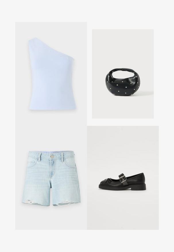 Lichtblauw, one-shoulder top gemaakt van zachte stof, met zilveren sterversieringen langs de halslijn en een getailleerde silhouet.; Lichtblauwe denim shorts met een licht verstoorde zoom, vijf-pocket ontwerp en een knoopsluiting. Subtiele vervaagde textuur over de gehele shorts.; Zwarte leren Mary Jane-schoen met een ronde neus, enkelband en details met zilveren gesp. Heeft een platte, chunkyzool en een strikaccent.; Zwarte leren handtas met een afgeronde vorm, versierd met zilveren studs, en een korte handgreep. Gladde textuur en ritsluiting.