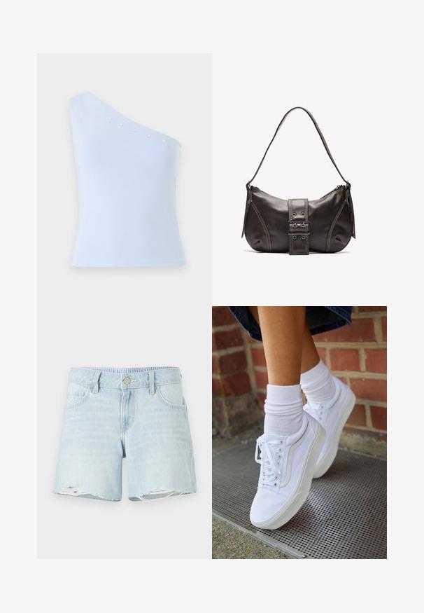 Lichtblauw, one-shoulder top gemaakt van zachte stof, met zilveren sterversieringen langs de halslijn en een getailleerde silhouet.; Lichtblauwe denim shorts met een licht verstoorde zoom, vijf-pocket ontwerp en een knoopsluiting. Subtiele vervaagde textuur over de gehele shorts.; Witte canvas sneakers met rubberen zolen, voorzien van zes vetertjes, een ronde neus en lichte stikdetails, gecombineerd met witte enkelsokken.; Bruine leren schoudertas met een gebogen vorm, voorzien van een opvallende gespdetail, contrasterende stiksels en een enkele schouderband.
