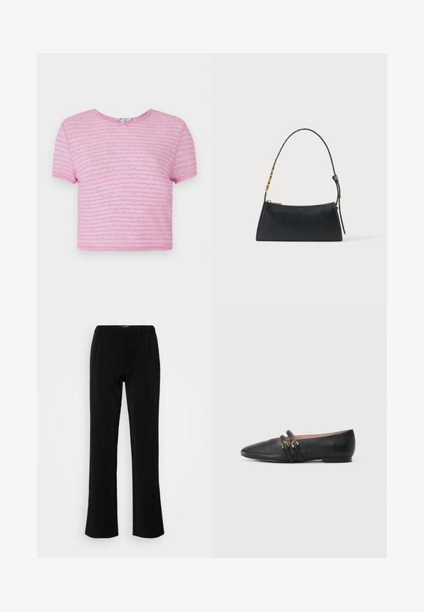 Pink cropped T-shirt med korte ærmer, der har et gentaget logo-mønster i en lidt mørkere nuance af pink. Rund halsudskæring, blødt stof.; Sorte bukser med flare-design, lavet af et glat stof. Har et elastisk bælte for komfort og en ren, enkel silhuet.; Sorte læder flade sko med spids tå, der har to sorte remme med gyldne hardware-detaljer. Glat tekstur og lav hæl.; Sort læderhåndtaske med en guldlås og justerbar rem med gyldne rektangulære detaljer på en hvid baggrund.