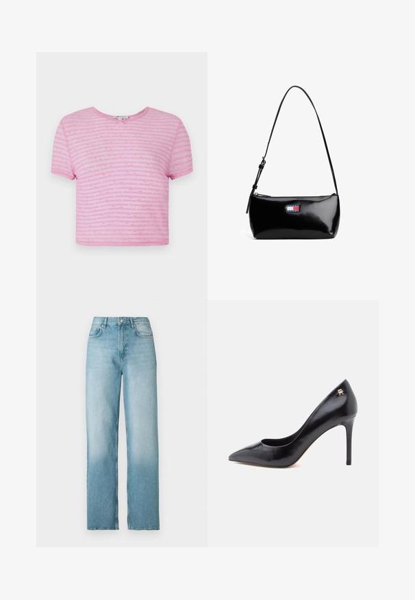 Pink cropped T-shirt med korte ærmer, der har et gentaget logo-mønster i en lidt mørkere nuance af pink. Rund halsudskæring, blødt stof.; Lyseblå høj talje straight-leg denimjeans med frontknap og lynlås, for- og baglommer, vist på hvid baggrund.; Sort læderpump med høje hæle og spids tå, der har et udskåret design og en lille gulddetalje med logo på hælen.; Sort patenteret læder skuldertaske med en buet rem, lynlåslukning og et rektangulært logo patch i rød, hvid og blå.
