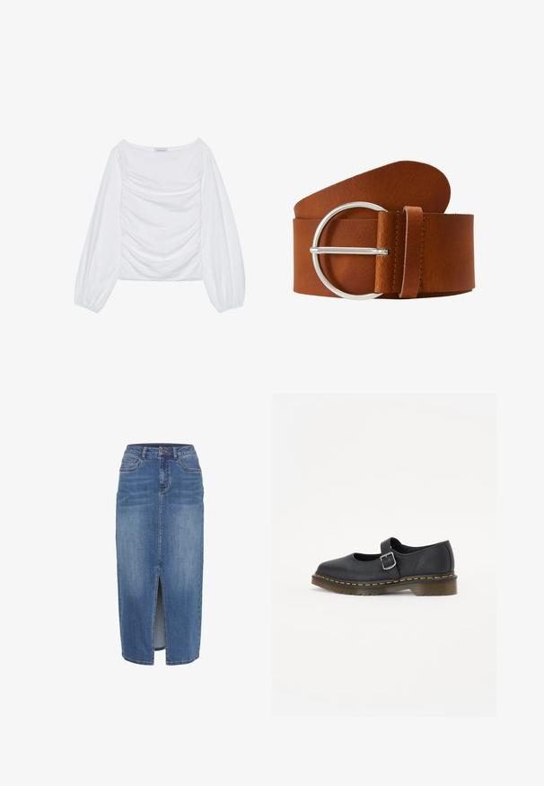 Hvid langærmet bluse med bred udskæring og indsamlet detalje på forsiden. Fremstillet af blødt stof med luftige ærmer.; Denim nederdel med en frontslids, i midlængde, i en lys til mellemblå vask. Har fem lommer og en talje med bæltestropper.; Sorte læder Mary Jane sko med en rund tå, justerbar spænde, gul syning og en kraftig brun gummisål.; Brun læderbælte med et bredt, glat rem, der har en rund sølvmetalspænde og en syet løkke.