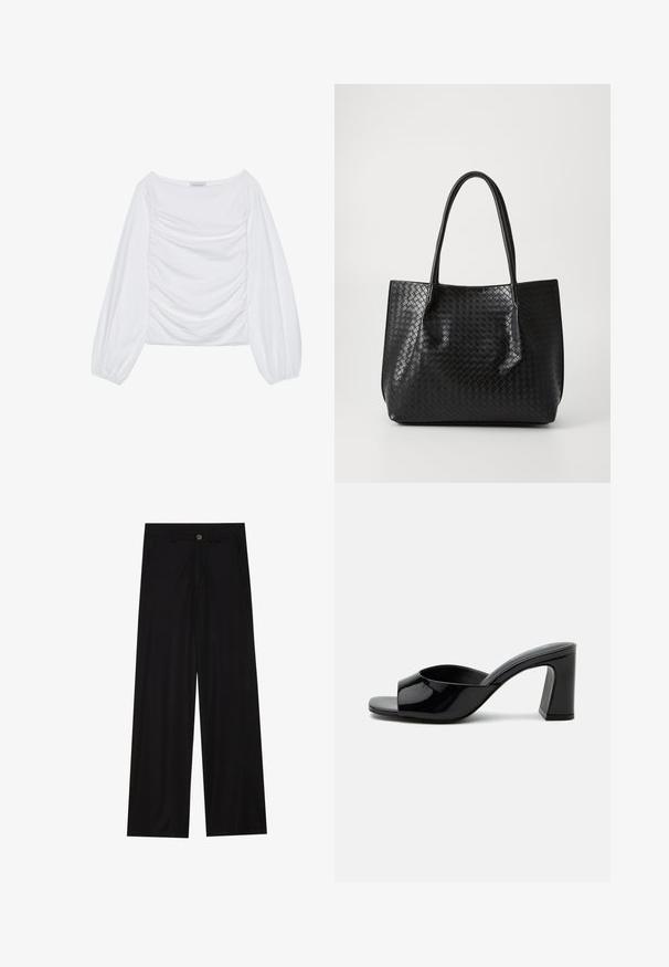 Haut à manches longues blanc avec un large col bateau et des détails froncés sur le devant. Fabriqué en tissu doux avec des manches volantes.; Pantalons noirs à jambes larges en tissu lisse, avec poches avant et fermeture à bouton à la taille. Design minimaliste sans motifs.; Mule noire en cuir verni à bout ouvert avec une large bride et un talon bloc mi-haut massif sur fond blanc.; Sac de tote en cuir tressé noir avec deux poignées, forme structurée et finition légèrement brillante sur un fond clair.