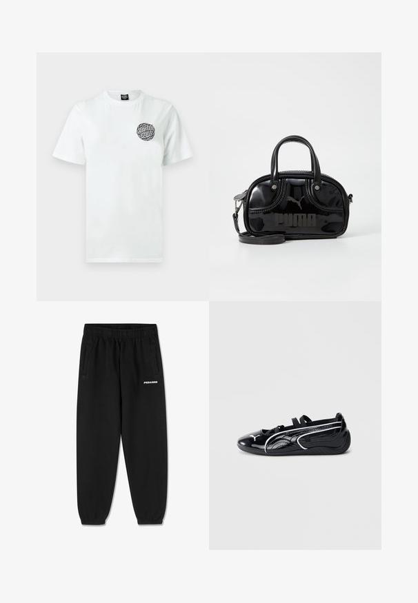 T-shirt en coton blanc avec un logo circulaire noir et vert sur la poitrine gauche. Col rond classique et manches courtes avec une texture lisse.; Pantalons de survêtement noirs en tissu doux, avec une taille à cordon de serrage, des jambes fuselées et des poches latérales. Logo "PEGADOR" en blanc sur le devant.; Chaussure en cuir verni noir avec un profil bas, dotée d'un bout arrondi, de sangles élastiques noires et d'accents blancs sur les côtés.; Sac à main en cuir verni noir avec des poignées supérieures doubles, une bandoulière amovible, une forme arrondie et un logo "PUMA" en relief bien visible.
