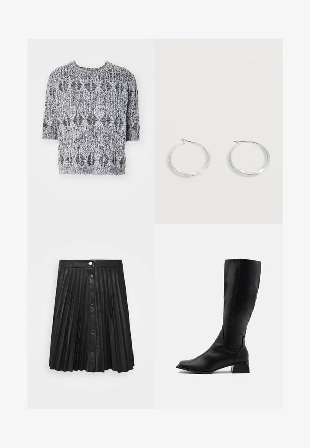 Krátky rukáv, pletený sveter v čiernej a bielej farbe. Má textúrovaný vzor, okrúhly výstrih a mierne voľný strih.; VILA VIAMINA BUTTON SKIRT - Minisukňa - black; Čierne kožené čižmy po kolená, vyrobené z hladkej kože, so zaoblenou špičkou, skromným podpätkom a elegantným, priliehavým dizajnom bez ozdôb.; Strieborné kovové kruhové náušnice s hladkým, mierne zakriveným povrchom a zapínaním na poistku na jednoduchom bielom pozadí.