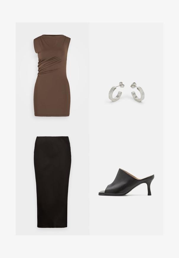 Robe marron sans manches avec une silhouette ajustée. Présente un froncé sur les côtés et un tissu lisse et extensible. Col rond simple, longueur au-dessus du genou.; Jupe crayon noire, longueur genoux, en tissu lisse avec une taille élastique, présentant un design simple et minimaliste sans matériaux visibles.; Selected ASHLEY - Mules à talons - black; Boucles d'oreilles en métal argenté avec un design texturé, dotées d'un petit fermoir et d'une marque sur une des hoops. Forme arrondie avec une finition polie.
