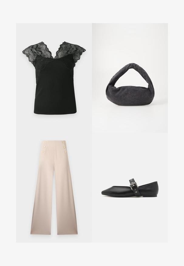 Sort tanktop med blonde kapærmer. Blonden har en bølget kant og et indviklet mønster, som står i kontrast til det ribbede stof på kroppen.; Beige bukser med vide ben, høj talje og to lodrette rækker med hver tre gyldne dekorative knapper foran.; Sorte læder flade sko med spids tå, side rem med en sølv spænde og en lav hæl. Glat tekstur og minimalistisk design.; Mørkegrå stofpose med et buet håndtag, blød tekstur og rund form. Ingen synligt hardware eller pynt.
