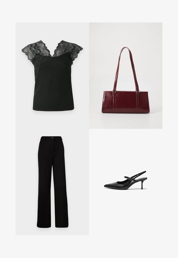 Sort tanktop med blonde kapærmer. Blonden har en bølget kant og et indviklet mønster, som står i kontrast til det ribbede stof på kroppen.; Sorte bukser med bred benvidde, flad front, knaplukning og struktureret talje. Lavet af glat stof med et skræddersyet design.; Sorte læder slingback hæle med spids tå, slank justerbar rem og en stiletto hæl på cirka 5 cm, glat tekstur.; Bordeaux håndtaske lavet af glansfuldt materiale, rektangulær form, med to skulderremme og subtile buede detaljer på forsiden.