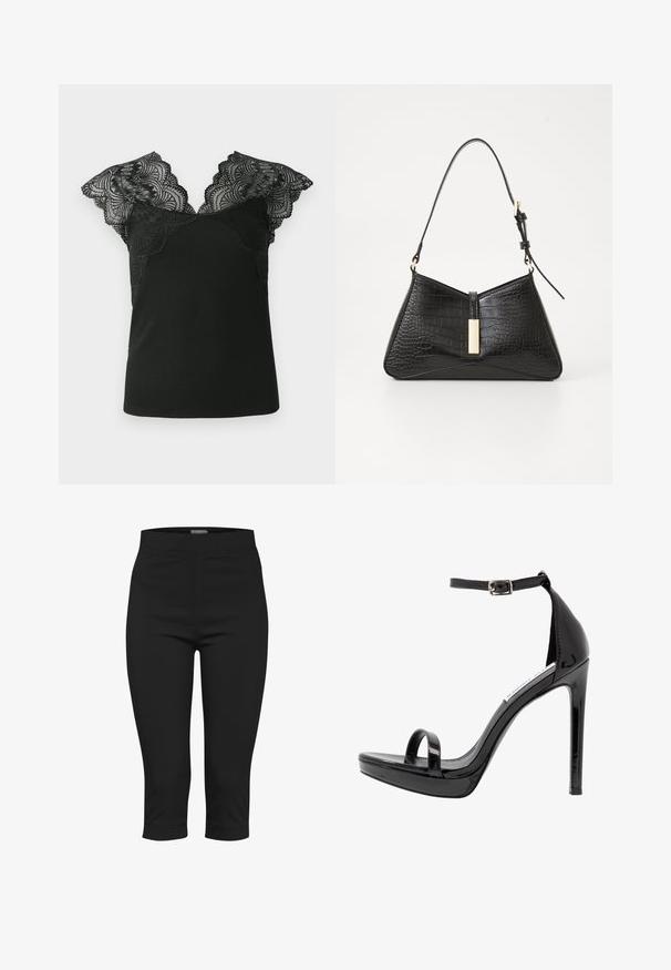 Débardeur noir avec des manches en dentelle. La dentelle présente un bord festonné et un motif complexe, contrastant avec le corps en tissu côtelé.; Pantalons capri noirs en tissu extensible. Dotés d'une taille ajustée, de poches latérales et d'une longueur cropped avec une texture lisse.; Steve Madden MILANO - Sandales à talons hauts - black; Sac à main noir en matériau imitation croco, doté d'une forme triangulaire, d'une fine sangle pour l'épaule et d'un accent en métal doré au centre.