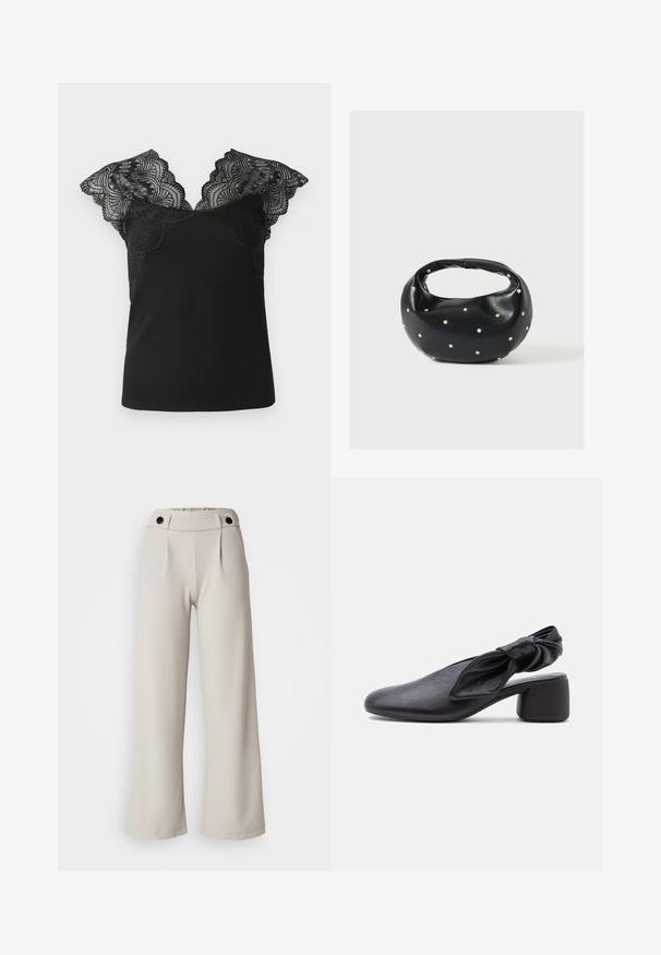 Sort tanktop med blonde kapærmer. Blonden har en bølget kant og et indviklet mønster, som står i kontrast til det ribbede stof på kroppen.; Plisserede bukser med vidde i lys beige stof med en glat tekstur, der har en samlet talje og to sorte knapper i taljen.; Sort læder slingback-sko med rundet tå, detaljer med knyttet rem og lav blokhæl på hvid baggrund.; Sort læderhåndtaske med en rundet form, dekoreret med sølvnitter, og et kort håndtag. Glat tekstur og lynlåslukning.
