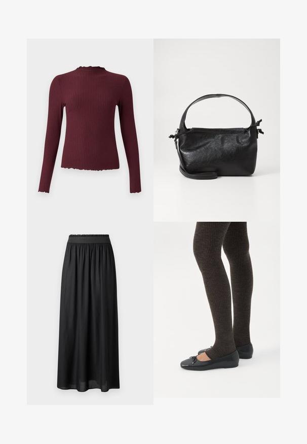 Bordeaux langærmet top, ribbet tekstur, høj hals med bølget kant, tætsiddende form, blødt stof og let cropped kant.; Sort mid-længde nederdel lavet af letvægtsstof, med elastisk talje og en svævende silhuet med en glat tekstur.; Ben iført mørke ribbede leggings kombineret med sorte balletsko med små sløjfedetaljer på hvid baggrund.; Sort læderhåndtaske med et struktureret design, rund tophåndtag og aftagelig skulderrem. Den har en glat tekstur og en subtil glans.