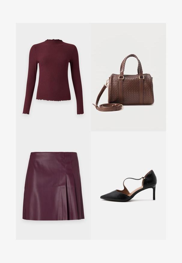 Bordeaux langærmet top, ribbet tekstur, høj hals med bølget kant, tætsiddende form, blødt stof og let cropped kant.; ONLY ONLARTZY Short - Mini skirts - mauve wine; Sort læder pumps med spids tå, tynd ankelrem og mellemhøj stilethæl på hvid baggrund.; Mørkebrun flettet læderhåndtaske med to fletninger som håndtag, gyldent metalbeslag og aftagelig skulderrem, der er snoet foran.