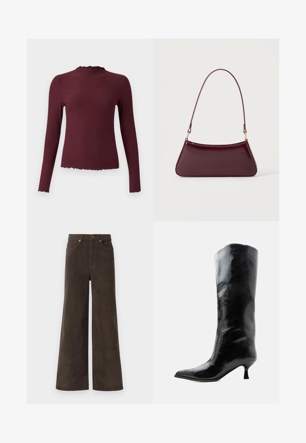 Bordeaux lange mouw top, geribbeld textuur, hoge hals met een gegolfde rand, getailleerde pasvorm, zachte stof en een iets verkorte zoom.; Donkerbruine wijde corduroy broek met voorzakken, riemlussen en een knoopsluiting in de taille.; Zwarte glanzende kniehoge leren laars met puntige neus en lage gebogen hak op een effen lichte achtergrond.; Donker bordeaux glanzende handtas met een enkele dunne handgreep en een slanke trapeziumvorm op een effen lichte achtergrond.