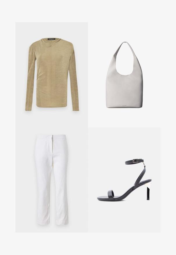 Top de manga larga en un beige claro, fabricado en un tejido suave con un ligero brillo. Presenta un detalle fruncido en el lateral y un sutil escote barco.; Pantalones de algodón blancos con un diseño de pierna recta, que cuentan con una cintura de media altura y sin herrajes o patrones visibles. Textura suave en todo su recorrido.; Sandalia negra de tacón alto con tiras y hebilla en el tobillo, tacón delgado y punta abierta sobre un fondo blanco liso.; Bolso tote de cuero blanco con una sola correa para el hombro, textura suave y logo discreto de Calvin Klein cerca del centro inferior.