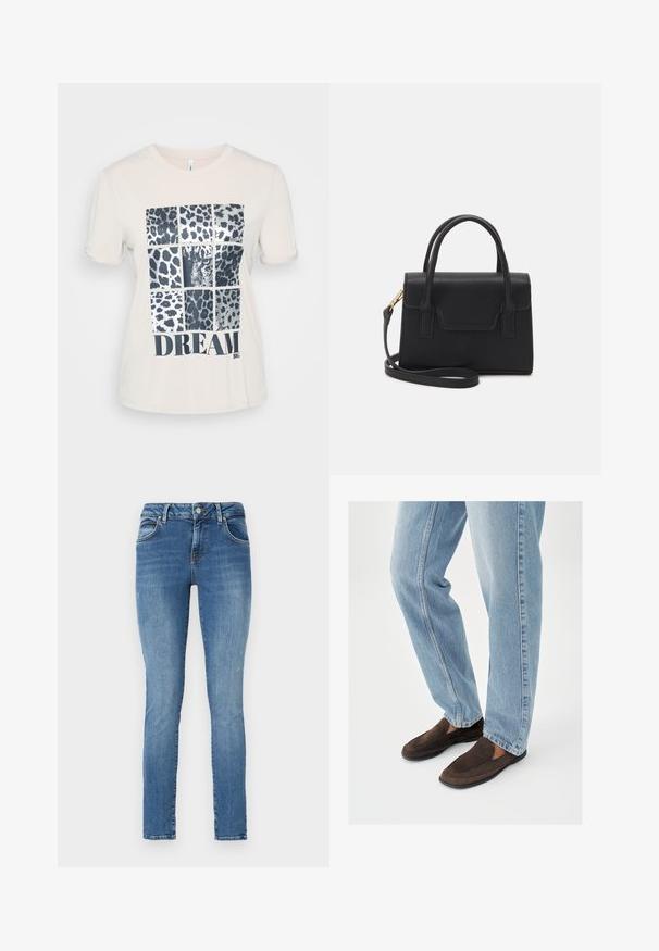 Crème-kleurige katoenen T-shirt met korte mouwen, met een grafisch ontwerp van negen vierkanten in luipaardprint en het woord "DREAM" in vetgedrukte zwarte letters.; Skinny jeans van blauwe denim met een vervaagde afwerking, voorzien van vijf zakken, riemlussen en een ritssluiting met knoopsluiting.; Bruine suède instapschoenen met een gladde textuur, voorzien van een afgeronde neus en minimale stiksels, gecombineerd met lichtblauwe spijkerbroek.; Zwarte gestructureerde handtas van leer met een bovenhandvat, een afneembare schouderriem en een voorflapdetail. Gouden hardwareaccenten.