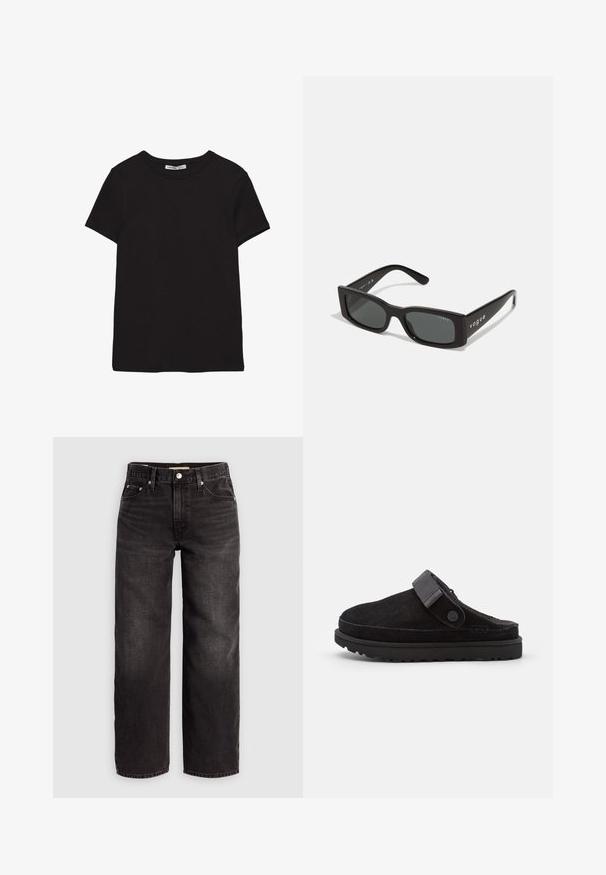 Sort kortærmet t-shirt i bomuld med rund halsudskæring, standard pasform og synlig indvendig halsmærkat.; Levi's® BAGGY DAD - Baggy jeans - shrink up; Sorte ruskindssandaler med rund tå, blød tekstur, justerbar rem og en tyk gummisål med mønstret slidbane for godt greb.; Sorte rektangulære solbriller med mørke linser. Har en glat plastikramme og "vogue"-branding på stængerne.