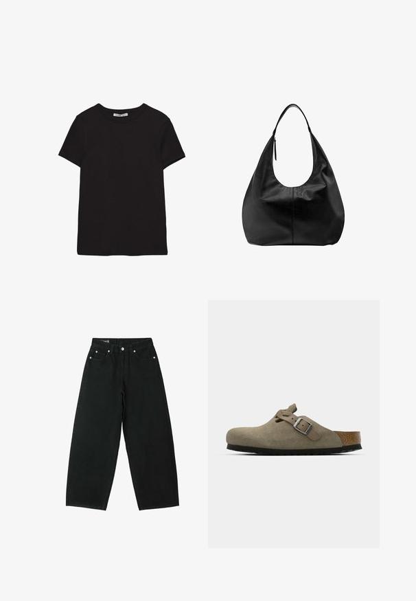 T-shirt noir en coton à manches courtes avec encolure ronde, coupe standard et étiquette intérieure visible au niveau du col.; Jean noir à jambes larges avec bouton et fermeture éclair devant, deux poches avant et passants de ceinture.; Sabots en velours côtelé vert olive clair avec une semelle en liège et en caoutchouc moulée. Dispose d'une sangle latérale avec une boucle en métal et d'un bout arrondi.; Sac à main hobo décontracté en cuir noir avec une seule bandoulière large et un détail de tirette de fermeture éclair sur fond blanc uni.