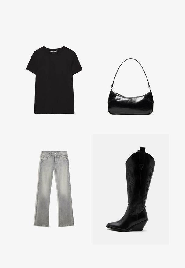 T-shirt noir en coton à manches courtes avec encolure ronde, coupe standard et étiquette intérieure visible au niveau du col.; Jeans flare en denim gris avec une finition délavée, dotés d'une fermeture à bouton, de cinq poches et de coutures le long de la taille et de l'ourlet.; Botte de cowboy en cuir noir avec bout pointu, talon bloc incliné, couture décorative et languettes en haut sur fond blanc.; Sac à épaule en cuir noir brillant avec un seul compartiment zippé et une fine bandoulière arquée.