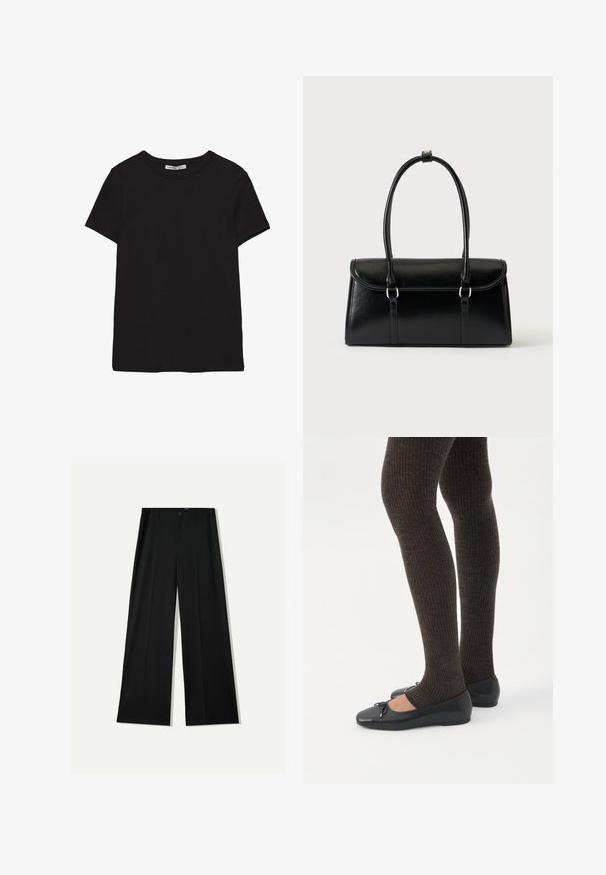 Schwarzes, kurzärmliges Baumwoll-T-Shirt mit rundem Halsausschnitt, Standardpassform und sichtbarem innerem Nackenetikett.; Bershka WIDE - Stoffhose - black; Beine in dunklen, gerippten Leggings kombiniert mit schwarzen Ballerinas mit kleinen Schleifendetails auf weißem Hintergrund.; Schwarze, rechteckige Lederhandtasche mit Klappverschluss und zwei langen Griffen vor weißem Hintergrund.