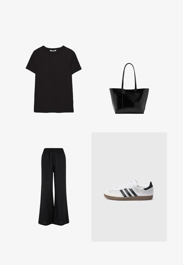 T-shirt noir en coton à manches courtes avec encolure ronde, coupe standard et étiquette intérieure visible au niveau du col.; Pantalons larges noirs en tissu léger. Dotés d'une taille élastique et d'un design fluide atteignant le sol.; Baskets en mesh blanc avec des rayures noires, un embout en daim beige et un accent sur le talon, semelle en caoutchouc texturée, et lacets blancs. Design classique à tige basse.; Grand sac fourre-tout noir avec de longues poignées et une texture en cuir lisse légèrement brillante, centré sur un fond blanc.