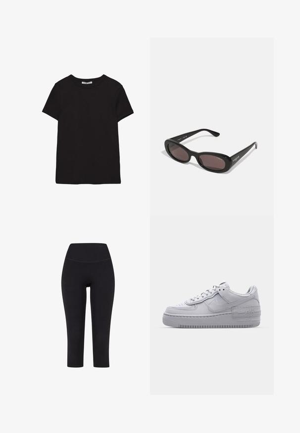 Schwarzes, kurzärmliges Baumwoll-T-Shirt mit rundem Halsausschnitt, Standardpassform und sichtbarem innerem Nackenetikett.; Schwarze 3/4-Leggings aus dehnbarem Material mit hohem Taillenbund und ohne sichtbare Muster oder Hardware.; Graue Nike Air Force 1 Sneaker mit perforierter Zehenpartie, Obermaterial aus glattem Leder, dicker Sohle und geprägtem 'AIR'-Detail an der Ferse.; Schwarze Sonnenbrille mit ovalen Rahmen, dunkel getönten Gläsern und "vogue" in Weiß auf den äußeren Bügeln gedruckt. Glattes Plastikmaterial.