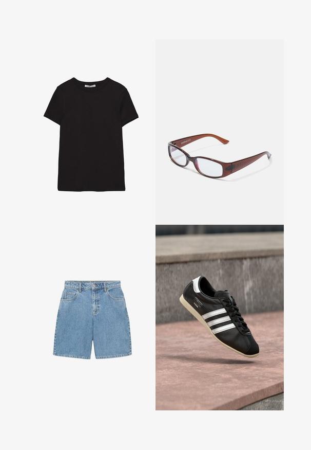 Zwart katoenen T-shirt met korte mouwen, ronde hals, standaard pasvorm en zichtbaar binnenlabel in de nek.; Lichtblauwe denim shorts met een hoge taille, vier zakken en zichtbare stiksels. Gemaakt van gestructureerde denimstof.; Zwarte leren sneaker met witte strepen en zool, veters gestrikt, zwevend boven een rozeachtig betonnen oppervlak met een grijze stenen muur op de achtergrond.; Bruin getinte rechthoekige brillen met een glanzende afwerking, met slanke pootjes en doorzichtige glazen. Logo zichtbaar op de linkertempel.