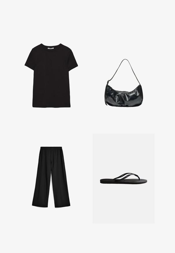 Schwarzes, kurzärmliges Baumwoll-T-Shirt mit rundem Halsausschnitt, Standardpassform und sichtbarem innerem Nackenetikett.; Schwarze, weit geschnittene Hose aus weichem, dehnbarem Stoff. Elastischer Bund mit Taschen an den Seiten. Klare Linien und glatte Oberfläche.; Schwarze Gummizehensandale mit strukturiertem Fußbett und dünnen, Y-förmigen Riemen vor einfachem weißem Hintergrund.; Schwarze, glänzende Leder-Umhängetasche mit einem gebogenen oberen Reißverschluss und einem einzelnen Trageriemen.