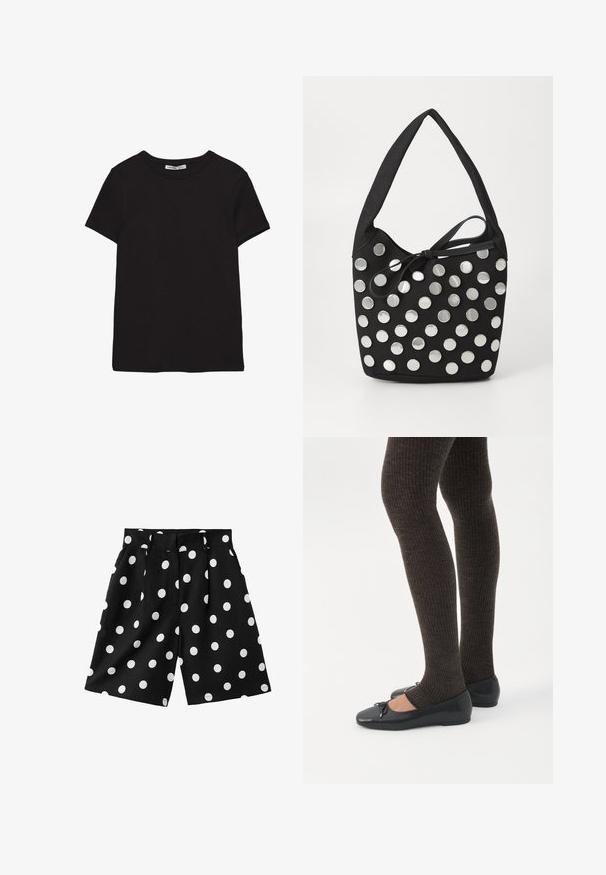 T-shirt noir en coton à manches courtes avec encolure ronde, coupe standard et étiquette intérieure visible au niveau du col.; Shorts noirs à jambes larges avec des pois blancs, dotés de passants de ceinture et de poches latérales, posés à plat sur un fond blanc.; Jambes portant des leggings côtelés foncés associés à des ballerines noires avec de petits détails en nœud sur fond blanc.; Sac à main en tissu noir, de forme arrondie, orné de clous métalliques ronds en argent disposés en motif, et d'un accent en tissu noué.