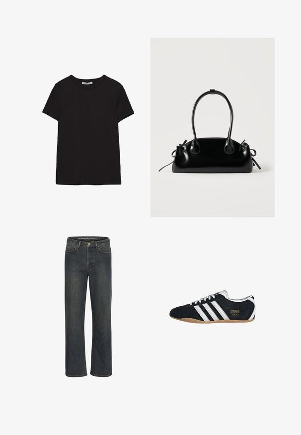 Zwart katoenen T-shirt met korte mouwen, ronde hals, standaard pasvorm en zichtbaar binnenlabel in de nek.; Donkerblauwe recht-been jeans van denim stof, met een middelhoge taille, vijf zakken en subtiele stiksels langs de naden.; Zwarte suède sneaker met witte drie strepen, gouden logo en een bruine rubberen zool. Heeft een laag profiel vetersluiting ontwerp.; Kleine zwarte glanzende handtas met twee lange hengsels en zijkant trekkoord details op een effen lichte achtergrond.