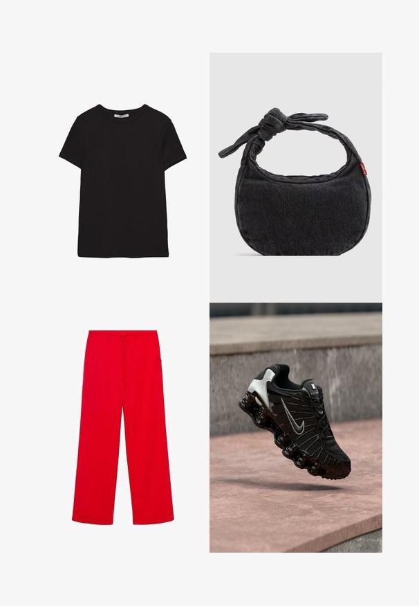 T-shirt noir en coton à manches courtes avec encolure ronde, coupe standard et étiquette intérieure visible au niveau du col.; Pantalons de survêtement larges rouges en tissu doux, dotés d'une taille élastique et d'un cordon de serrage, avec deux poches latérales pour plus de commodité.; Chaussure de sport noire avec tige en mesh texturé, accents argentés, et une semelle épaisse et brillante noire comportant des éléments de rembourrage arrondis.; Petit sac d'épaule en denim noir avec une sangle nouée et une fermeture éclair, arborant une étiquette en tissu rouge Levi's sur le côté.