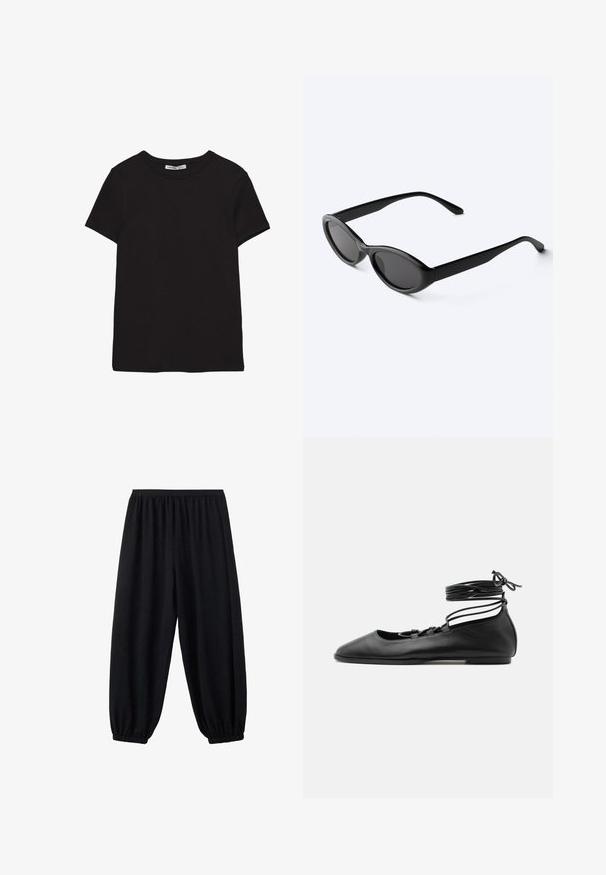 T-shirt noir en coton à manches courtes avec encolure ronde, coupe standard et étiquette intérieure visible au niveau du col.; Pantalon noir large avec ceinture élastique et poignets élastiques aux chevilles, conçu pour le confort et un port décontracté.; Chaussure de ballet plate en cuir noir avec un bout pointu, plusieurs fines brides sur le dessus et des lacets enroulés autour de la cheville.; Lunettes de soleil ovales noires et élégantes avec des verres foncés et des branches droites, posées sur une surface blanche.
