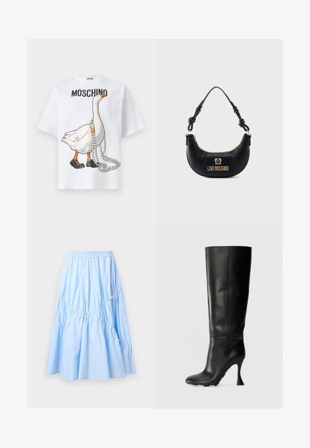 Wit katoenen T-shirt met een bedrukte cartoon van een gans die zwarte schoenen en een parelketting draagt, met de tekst "MOSCHINO" boven het ontwerp.; Lichtblauwe midirok met elastische tailleband, geplooide details en verstelbare trekkoorden voor een uitlopende silhouet.; Zwarte leren kniehoge laars met een aansluitende schacht en een spitse neus. Beschikt over een kenmerkende gebogen hak en een gladde textuur.; Zwarte halfmaanvormige handtas met een geknoopt handvat en een gouden "Love Moschino" logoplaatje aan de voorkant, met ritssluiting aan de bovenkant.