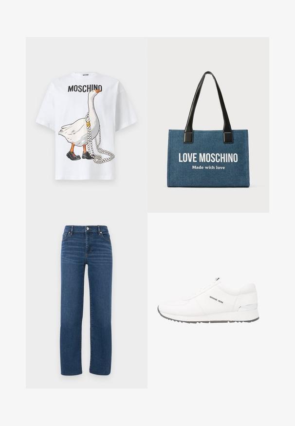 Hvid bomuld t-shirt med trykt tegneseriegås iført sorte sko og perlekæde, med teksten "MOSCHINO" over motivet.; Blå denimjeans med lige pasform, høj talje, forreste lommer og et klassisk femlomme-design. Glat tekstur; minimal syning.; Hvide lædersneakers med en glat overflade, grå gummisål, syv snøreringe og en sølvdetalje på hælen. Logo fremvist på siden.; Blå rektangulær taske med sorte håndtag, med hvid tekst "LOVE MOSCHINO" og mindre tekst "Made with love" foran.