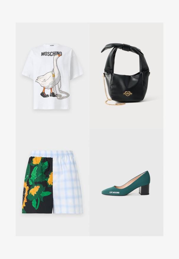 Hvid bomuld t-shirt med trykt tegneseriegås iført sorte sko og perlekæde, med teksten "MOSCHINO" over motivet.; Shorts med elastisk talje og delt design: den ene side er sort med store gule solsikker og grønne blade, den anden side har et lyseblåt og hvidt ternet mønster.; Grøn stof høje hæle med spids tå, en chunky sort hæl, og "LOVE MOSCHINO" trykt i hvidt på siden.; Sort blød læder Love Moschino håndtaske med knyttet håndtag og guldkæde-strop på hvid baggrund.