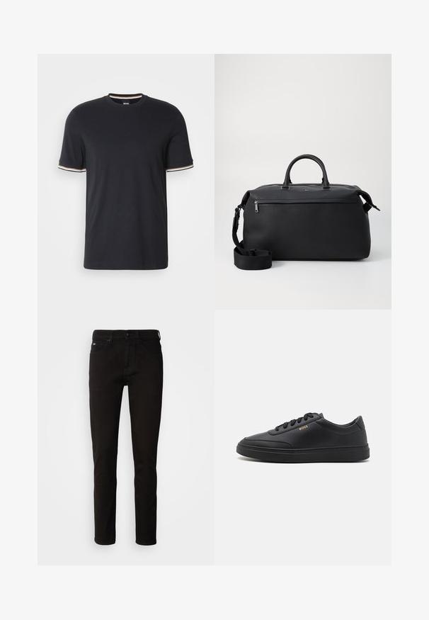 T-shirt en coton noir avec un col rond, des manches courtes et des accents rayés en blanc, orange et bleu au niveau des poignets.; Jeans en denim noir avec une coupe droite, une fermeture éclair et un design à cinq poches. Le tissu a une texture lisse sans motifs visibles.; Baskets en cuir noir avec une texture lisse, bout rond, semelle en caoutchouc plate et lacets ton sur ton. Présente une marque "BOSS" dorée sur le côté.; Sac de voyage en cuir noir avec deux poignées supérieures, une bandoulière amovible et une poche avant zippée pour un espace de rangement supplémentaire.