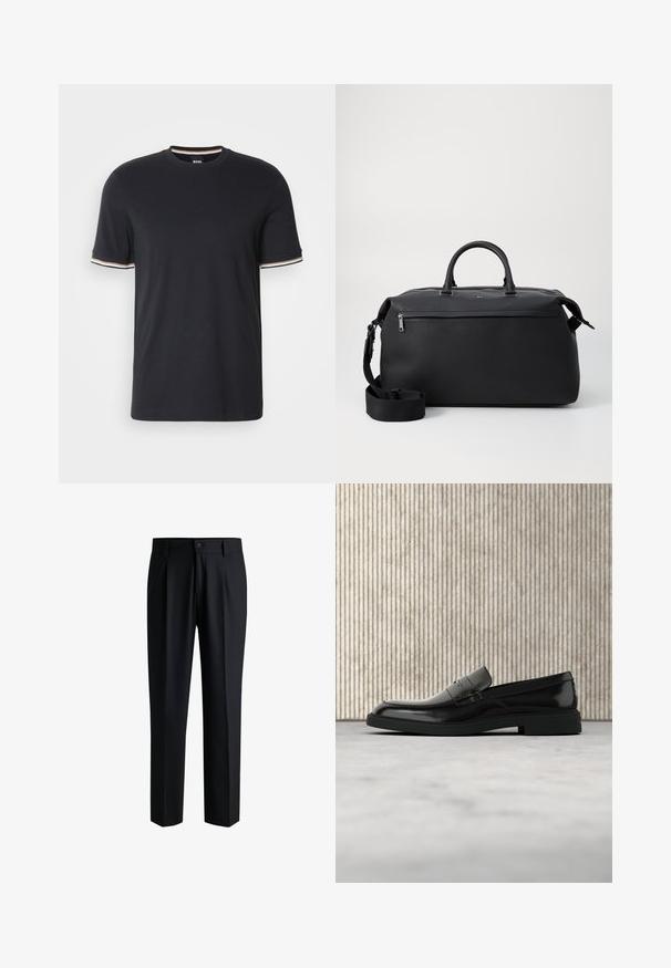 T-shirt en coton noir avec un col rond, des manches courtes et des accents rayés en blanc, orange et bleu au niveau des poignets.; Pantalons noirs en tissu lisse, avec une coupe droite, des plis à l'avant et une fermeture à bouton avec passants de ceinture.; Mocassin en cuir noir poli flottant au-dessus d'un tapis beige avec un mobilier translucide orange en arrière-plan.; Sac de voyage en cuir noir avec deux poignées supérieures, une bandoulière amovible et une poche avant zippée pour un espace de rangement supplémentaire.
