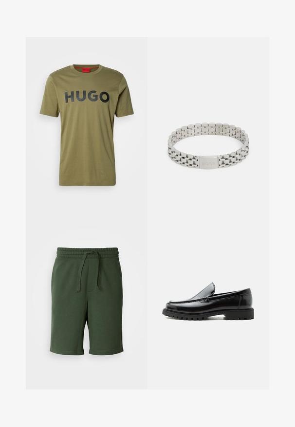 T-shirt en coton vert olive avec un col rond et un logo "HUGO" noir en gras sur la poitrine, manches courtes et texture lisse.; Shorts vert foncé avec une taille élastique, détail de cordon de serrage, poches et un tissu doux en mélange de coton. Longueur mi-cuisse.; Mocassin en cuir noir avec semelle en caoutchouc épaisse, dessus cousu et nom de marque embossé sur le talon, présenté de profil sur fond blanc.; Bracelet en acier inoxydable argenté avec un design à maillons, doté d'un fermoir gravé avec "BOSS". Fini lisse et poli avec des bords arrondis.