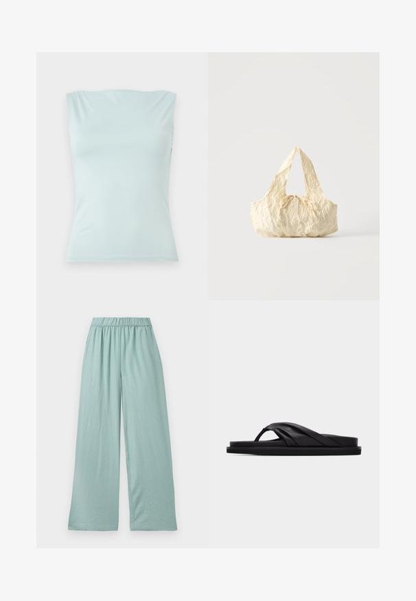 Haut sans manches, bleu clair, fabriqué dans un tissu lisse. Présente un col rond et une silhouette ajustée avec des coutures minimales.; Pantalon large vert clair, en tissu doux, avec une taille élastique et une texture subtile, conçu pour le confort et la liberté de mouvement.; Sandale plate noire avec bride croisée rembourrée et entre-doigt, design minimaliste sur fond gris clair uni.; Sac à main en tissu texturé couleur crème avec des anses sur le dessus et un petit nœud noué au centre devant.