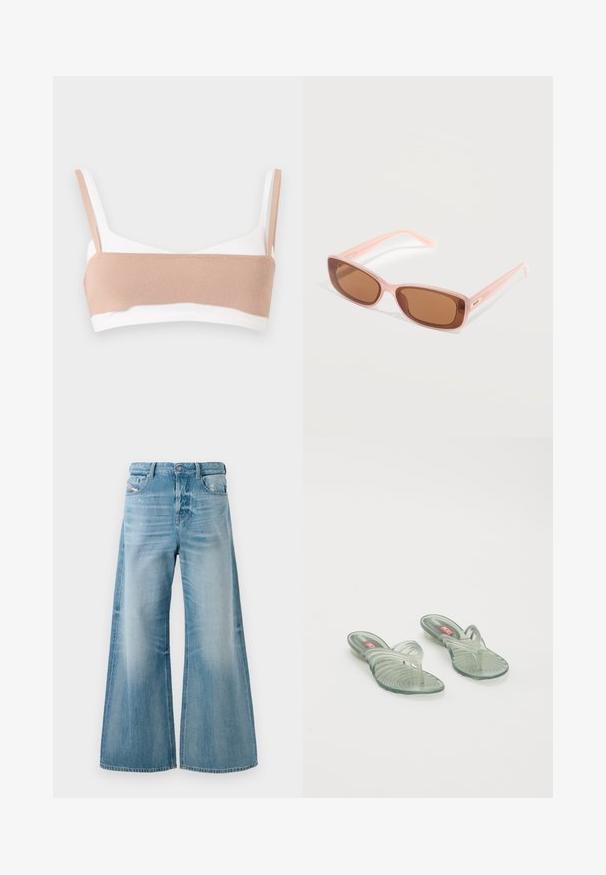 Nahtloser weißer Bralette mit einem breiten, hellbeigen Strickband an der Vorderseite und passenden beigen Schulterriemen auf einfarbigem Hintergrund.; Helle blaue, weit geschnittene Jeans aus Denim mit leichten Verwaschungen und Abnutzungen an den vorderen Taschen, Knopfverschluss und Gürtelschlaufen.; Transparente Jelly-Sandalen mit gewelltem Design, ausgestattet mit einem Zehensteg und einem geriffelten Sohlenmuster. Die Farben umfassen hellgrün und klare Töne.; Rechteckige Sonnenbrille mit durchsichtigen, rosa Rahmen und braunen Gläsern, auf einer weißen Oberfläche platziert.