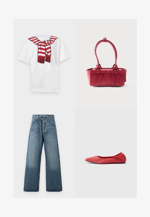 T-shirt blanc à manches courtes avec une écharpe rayée rouge et blanche imprimée nouée autour du cou sur le devant.; Jeans évasés bleu en délavé, fabriqués en denim avec des accents de couture visibles et une fermeture à bouton à la taille.; Filippa K REY FLATS - Ballerines - bright red; Sac à main en cuir rouge avec deux poignées supérieures, nœuds décoratifs à l'avant et une étiquette sur le côté, sur fond blanc.