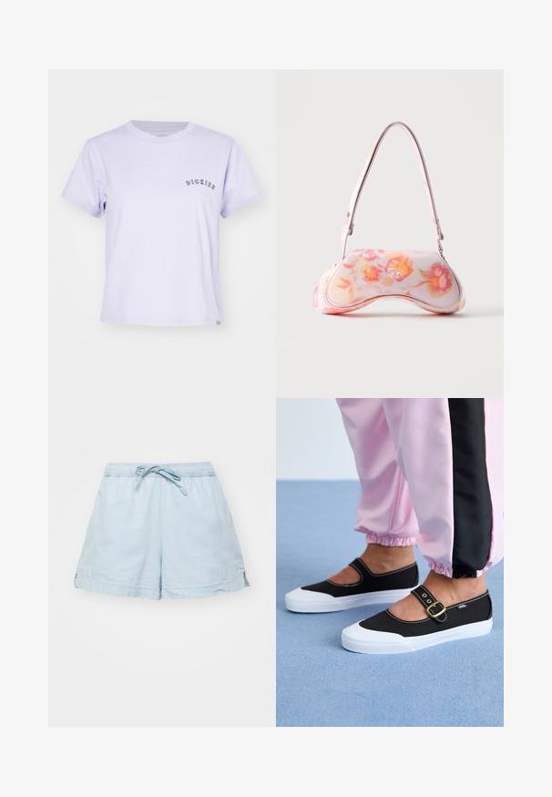 Lichtpaarse katoenen t-shirt met een ronde hals, korte mouwen en het woord "DICKIES" geborduurd in donkerpaars op de borst.; Lichtblauwe, lichte shorts met een elastische tailleband en trekkoord. Voorzien van zijzakken en een relaxte pasvorm, gemaakt van zachte stof.; Zwarte canvas schoenen met een witte zool, met een uitgesneden ontwerp en een gouden gespband. Draagt met roze joggingsbroek.; Kleine handtas met een gebogen vorm met een roze en oranje bloemenpatroon en een enkele schouderriem tegen een effen achtergrond.